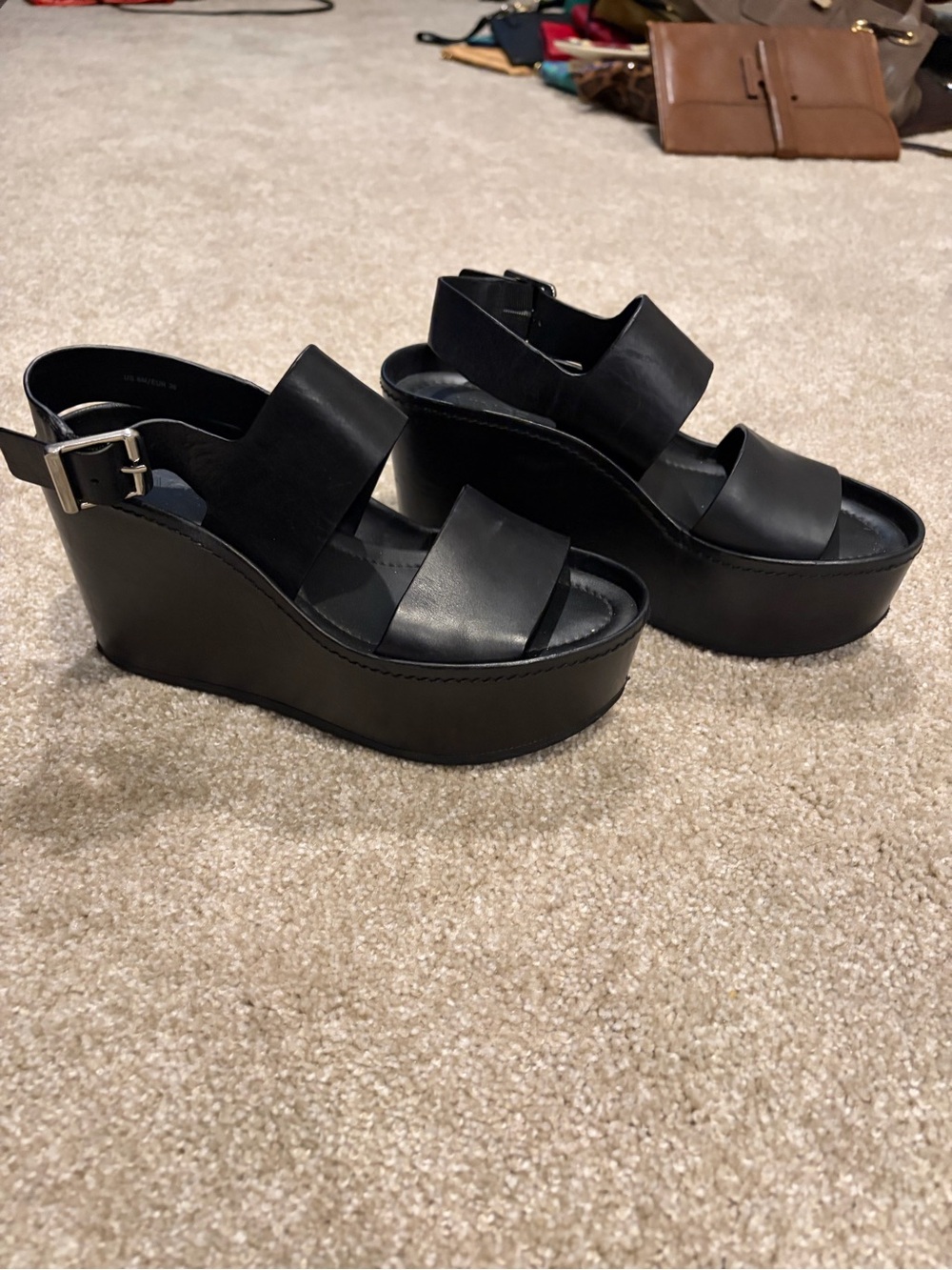 Women's Black Platform Wedge Sandals - Sleek Leather Straps
